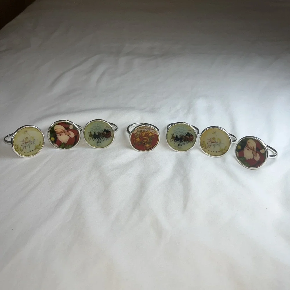 Silver Plated Colorful Christmas Napkin Rings Vintage Bells Santa Set Of 7‎